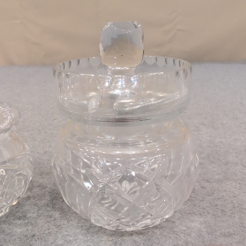 Vintage Clear Cut Glass Lidded Jars Set of 2 Frosted Floral and Diamond Pattern - Picture 3 of 5
